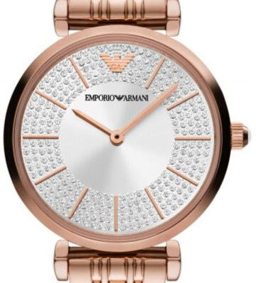 Emporio Armani Gianni T-Bar Crystals Silver Dial Rose Gold Steel Strap Watch For Women - AR11446